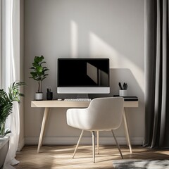 Minimalist home office workspace with sunlight