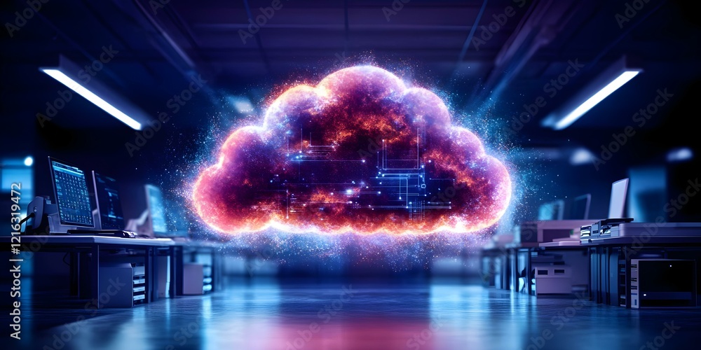 Poster a glowing, futuristic cloud icon surrounded by digital data, set in a modern office environment with