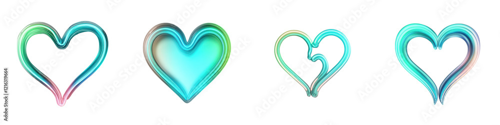Poster colorful heart shapes in various sizes and styles, showcasing a blend of hues and smooth lines.