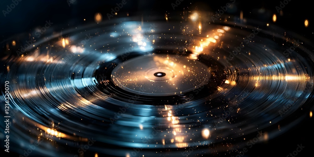 Poster a close-up of a spinning vinyl record with sparkling lights and reflections, creating a dynamic and 