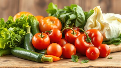 Fresh Organic Vegetables Harvest Tomatoes, Zucchini, Lettuce, and Cauliflower