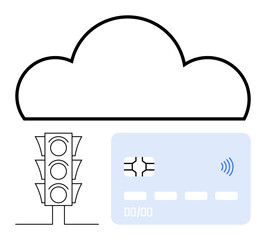 Large cloud above traffic light and credit card symbol conveys digital connectivity, smart city tech, and cashless transactions. Ideal for automation, IoT, payment systems, urban planning, cloud