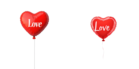 Two heart-shaped balloons display the word "Love" in a vibrant red color, symbolizing affection and celebration.