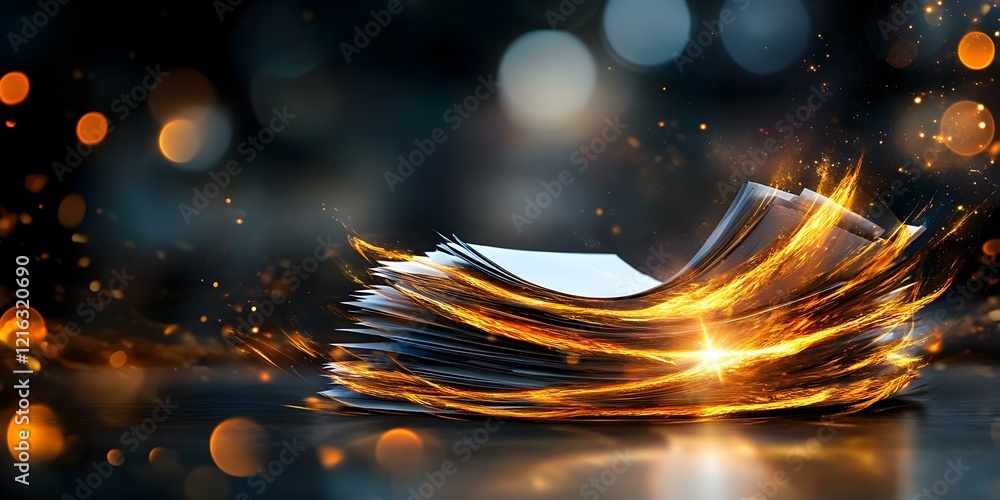 Poster a dynamic stack of paper with glowing, fiery effects and a blurred, bokeh background, creating a sen