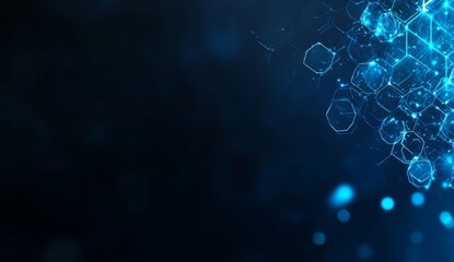Abstract blue glowing hexagonal network on dark background.