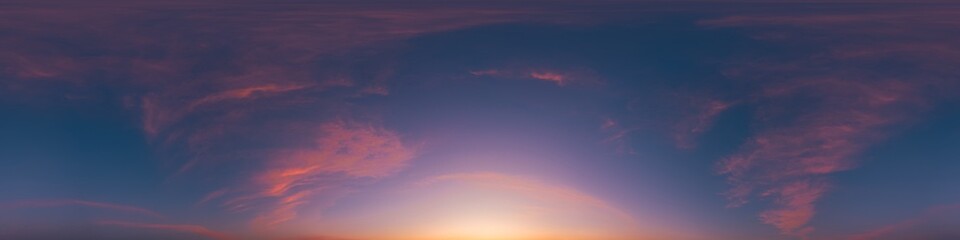 Sunset sky with bright glowing pink Cirrus clouds. Seamless spherical HDR 360 panorama. Full zenith or sky dome in 3D, sky replacement for aerial drone panoramas. Climate and weather change.