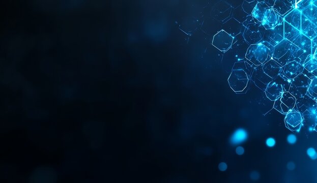 Abstract blue glowing hexagonal network on dark background.