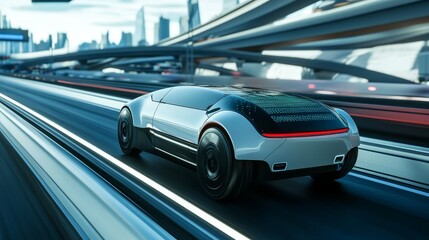Naklejka premium Sleek Electric Vehicle on Futuristic Green Transportation Highway