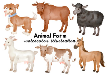 Charming Watercolor Farm Animal Illustrations: Hand-Painted Clip Art Featuring Dog, Cow, Sheep, Goat, Horse, and Calf for Creative Projects, Farm-Themed Designs, and Countryside Art