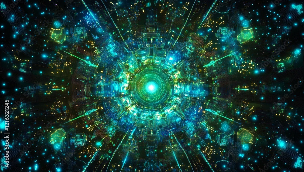 Poster abstract teal and gold energy vortex with symmetrical design.