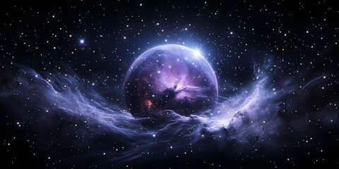 Obraz premium A stunning cosmic scene featuring a luminous planet surrounded by nebulae and countless stars in a dark starry background. Concept Cosmic Landscape, Luminous Planet, Nebulae Beauty, Starry Night