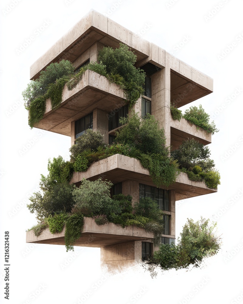 Poster a modern architectural structure featuring multiple levels adorned with vibrant greenery and plants,