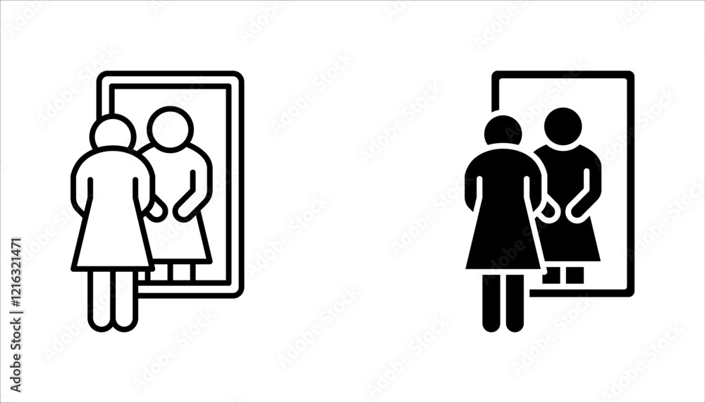 Poster mirror icon set. person standing in front mirror of reflection sign. vector illustration on white ba