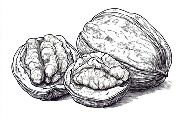 Fototapeta premium Continuous line art drawing of walnuts, isolated on a white background.