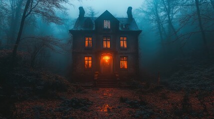 Haunted, abandoned house with broken windows and fog surrounding it, eerie light from inside, creepy atmosphere 