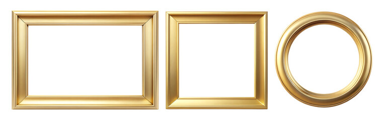 set of three golden picture frame isolated on transparent background