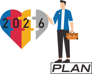 2025 plan, career target or economic forecast, new year resolution concept, achievement or plan for success, happy new year 2025, businessman completes puzzle bridge towards 2025 target plan