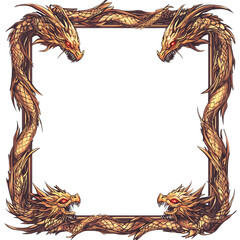 Square Frame of Four Golden Dragons with Red Eyes, Isolated on White Background and Transparent Background. Remove Background