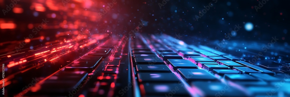 Poster a gaming keyboard with rainbow backlighting in a dynamic, futuristic environment