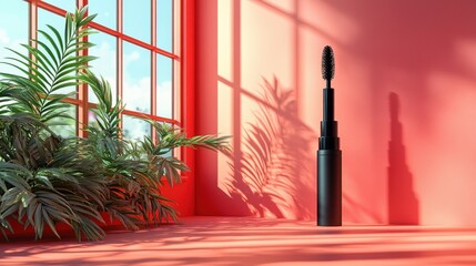 Colorful Mascara Product Display with Plants and Windows in Background