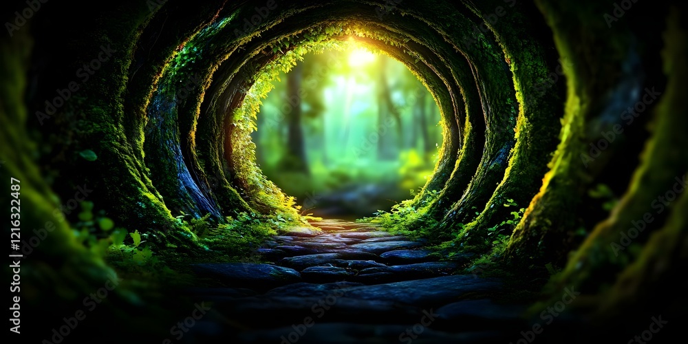 Aufkleber a serene forest scene featuring a stone path leading through a tunnel of trees illuminated by soft s