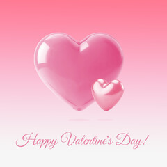 Two pink glossy hearts on soft pink gradient background, digital greeting card for Valentines Day