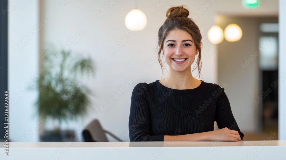 Poster smiling receptionist at a sleek and modern tech startup workspace on solid white background, single 