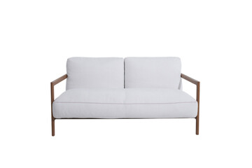 A sofa in a minimalist design with wooden legs + clipping path. The sofa is isolated on a White background.