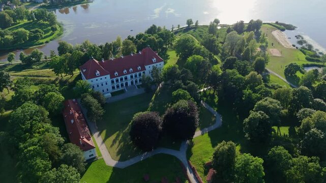 Top-down drone shot of a castle in Birzai