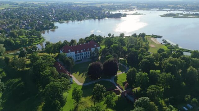 Parallax drone shot of a castle in Birzai