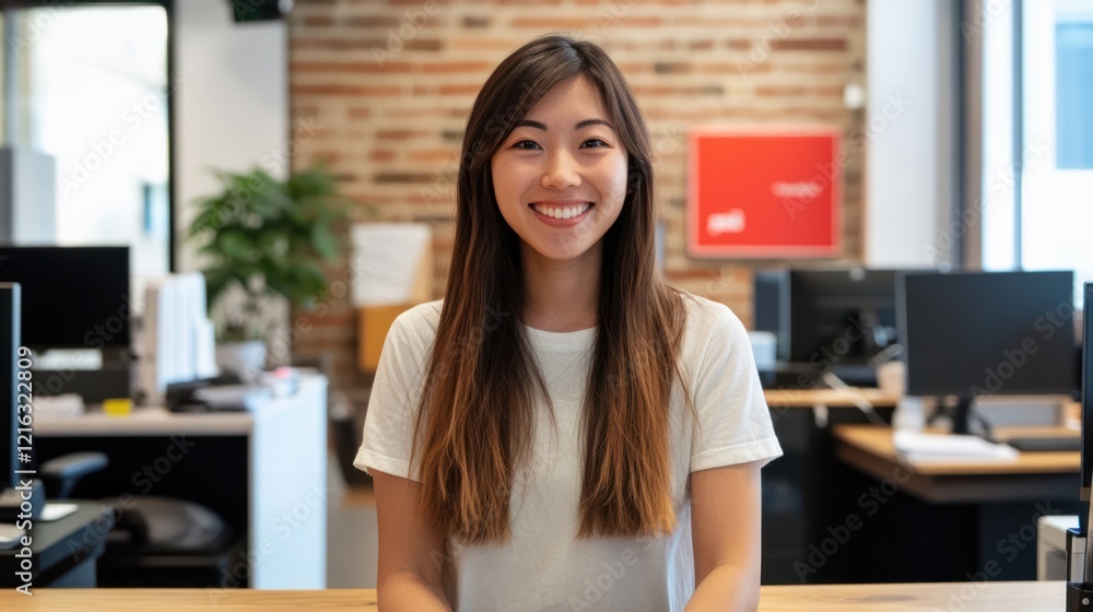 Poster smiling receptionist at a sleek and modern tech startup workspace.