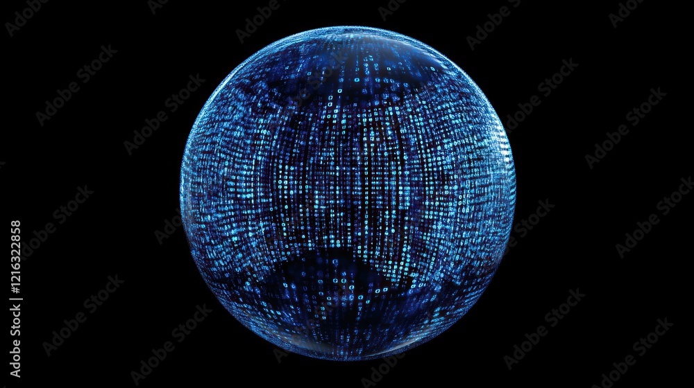 Poster spherical visualization of blue binary code creating depth.