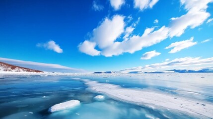 Obraz premium Arctic Ocean ice floes melting under a vibrant blue sky, mountains in the distance, illustrating climate change impact, for environmental awareness campaigns
