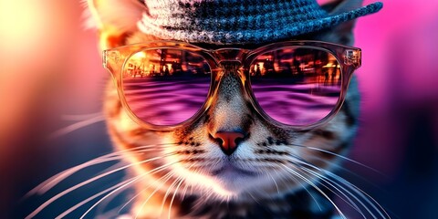 Fototapeta premium A stylish cat wearing sunglasses and a hat, looking cool against a colorful, blurred background. Concept Stylish Cat Fashion, Sunglasses and Hat, Colorful Background, Cool Pet Portraits