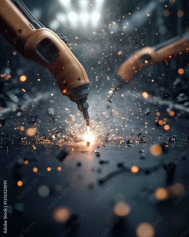 Poster a close-up of robotic welding arms creating sparks, showcasing advanced technology and precision in 