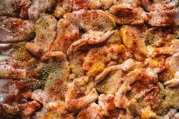 Close up of fresh raw chicken cutlet, turkey fillet pieces of meat with spices and herbs on kitchen table. Top view.