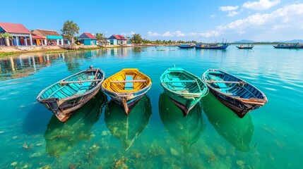 Obraz premium Colorful Wooden Boats on Tranquil Water in Scenic Coastal Village Setting