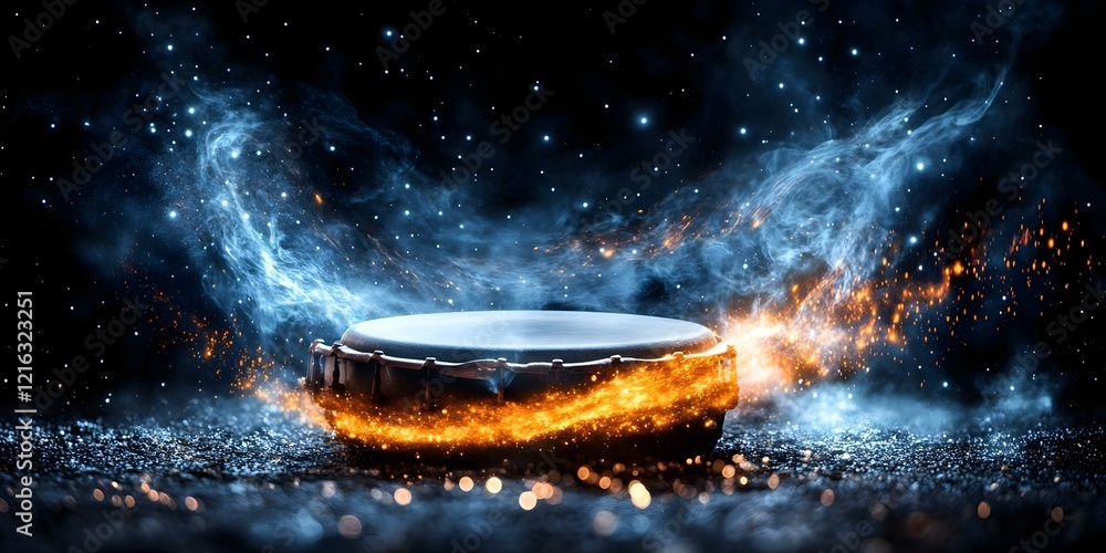 Poster a drum surrounded by swirling smoke and sparks, creating a dynamic and energetic visual effect. conc