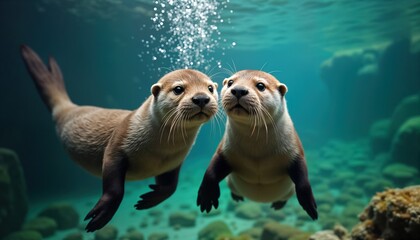 Obraz premium Two playful sea otters swim underwater. Look curious, enjoying underwater environment. Bubbles rise up from below. Underwater scene shows rocks, aquatic plants. Adorable aquatic animals in natural