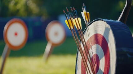 Archery equipment displayed at an outdoor range. Featuring a bow, arrows, and a target. Highlighting the activity of archery practice. Ideal for sports blogs and archery guides.