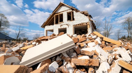 Rebuilding Architect's Vision After Disaster with Debris and Ruins of House Under Blue Sky and Fluffy Clouds