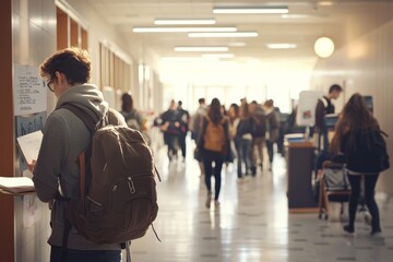 Fototapeta premium A bustling hallway filled with students walking, talking, and sharing notes between classes