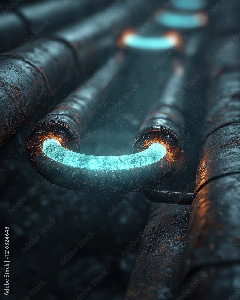 Poster a futuristic, glowing pipe network with rust and ambient light, creating a mysterious and industrial