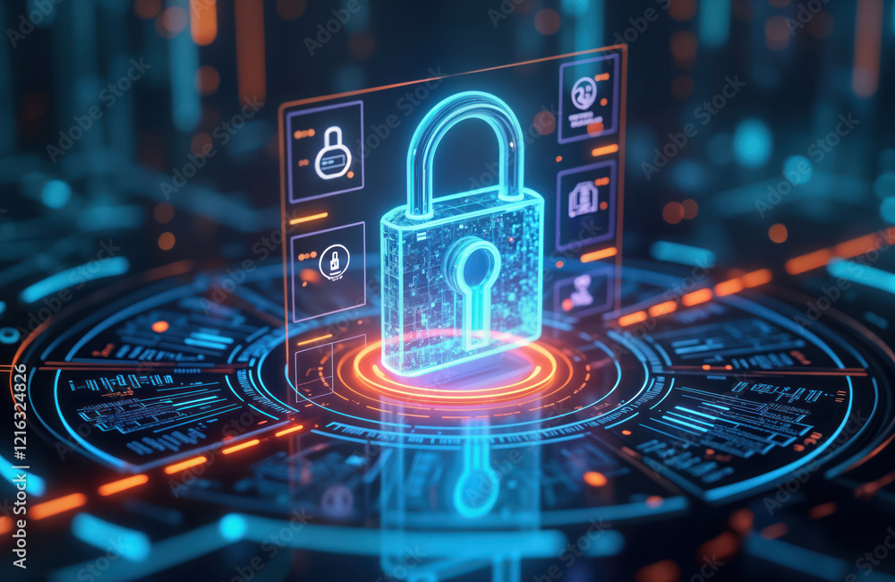 Poster Hologram padlock in digital interface shows secure tech. Futuristic security concept with digital lock. Interface with glowing icons, buttons. Cybersecurity symbol. Digital safe illustration.