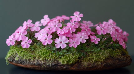 pink phlox moss garden with miniature phlox bonsai in moss-covered pot for spring floral arrangement and terrarium display