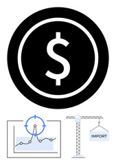 Dollar symbol in bold circle, statistical graph with target marker, crane lifting import box. Ideal for finance, economics, market trends, trade, investments, business planning abstract line flat