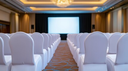 Elegant Event Hall Setup with White Chairs and Projector Screen Ready for Presentation