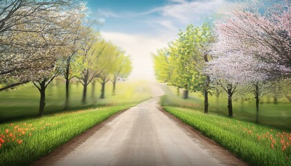 Scenic Spring Road – Tree-Lined Path with Fresh Green Foliage and Blooming Countryside Landscape