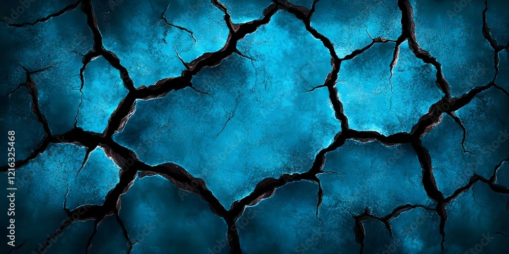 Poster a textured surface featuring cracks in a vibrant blue color, creating a striking and abstract patter