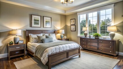 Ein kleines Schlafzimmer mit einem gro?en Bett und einer Kommode , Schlafzimmer, Schlaflager